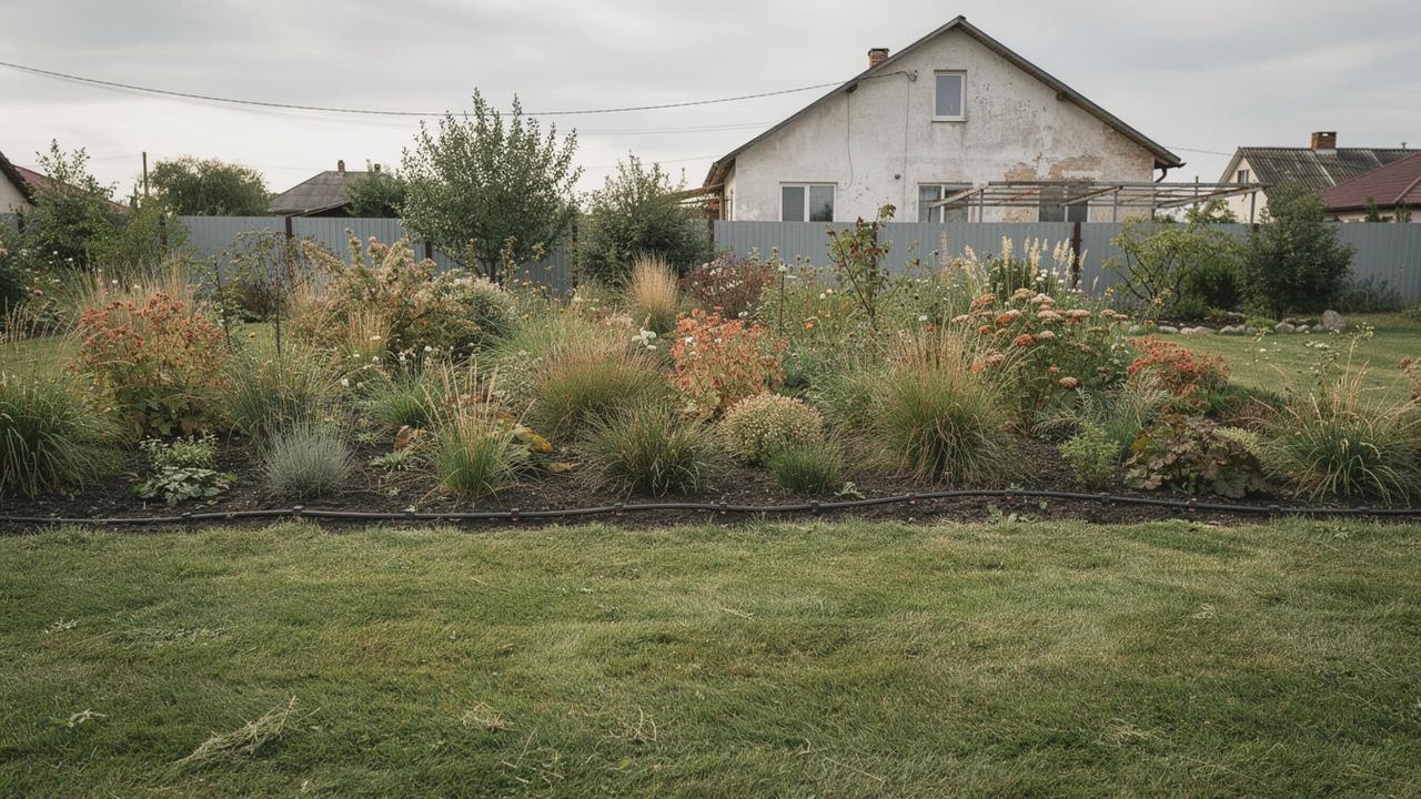 Illustrative plan overlay on a maintained residential garden with mown lawn, planting beds and irrigation lines